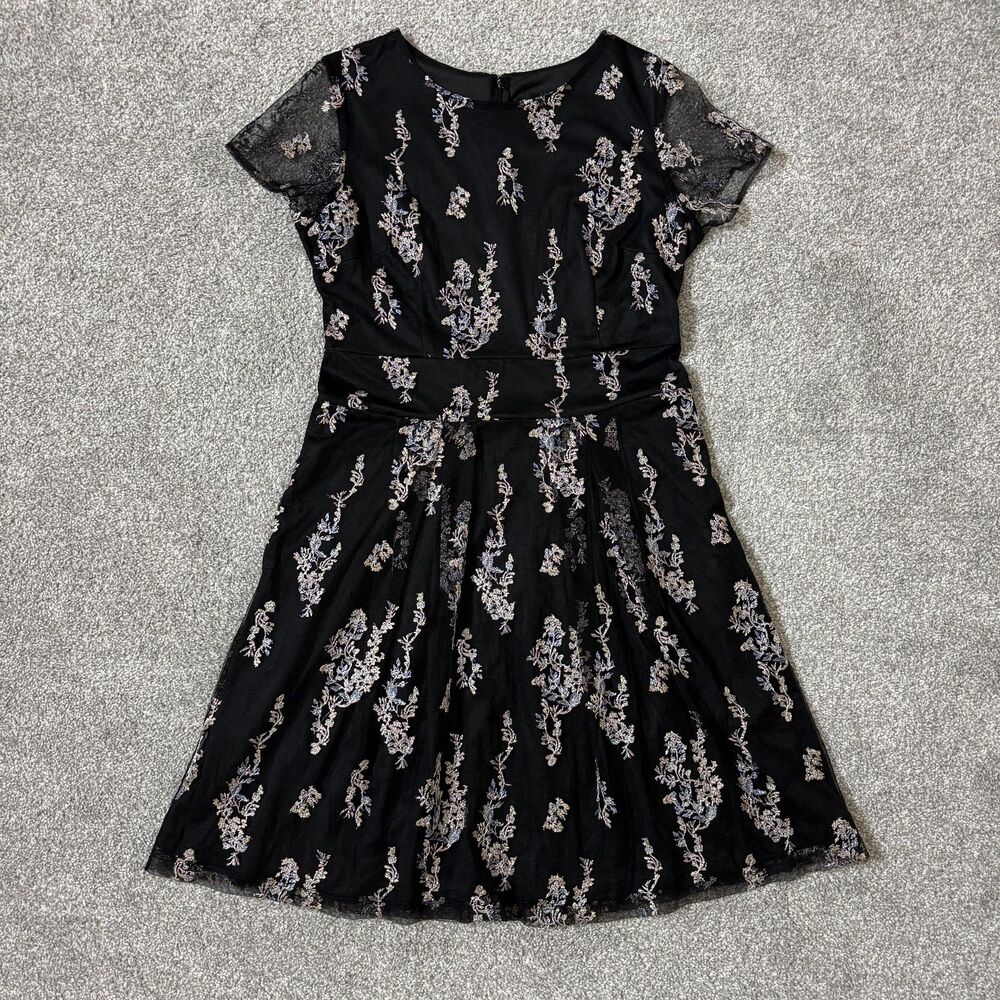 Scarlett Dress Womens 12 Black Floral Mesh Fit & Flare Short Sleeve Cocktail